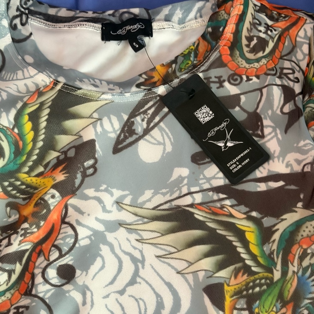 Ed Hardy Multicolor Tattoo-Print Crewneck Top - Picture 2 of 10